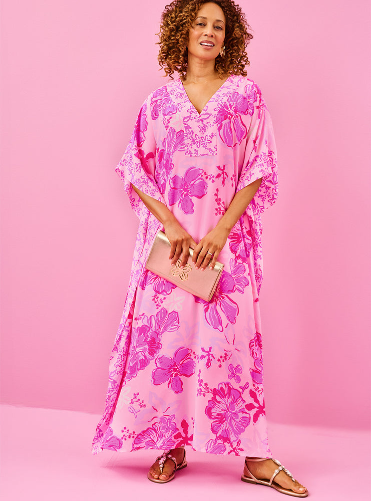 Levy V-Neck Silk Maxi Caftan - Parigi Pink Supporting Squad Engineered Woven
