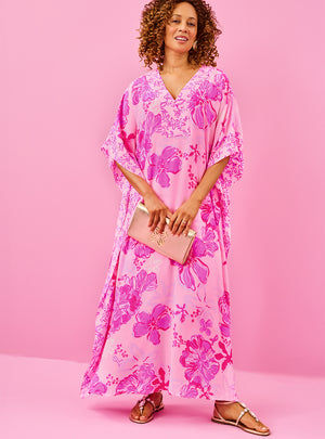 Levy V-Neck Silk Maxi Caftan - Parigi Pink Supporting Squad Engineered Woven
