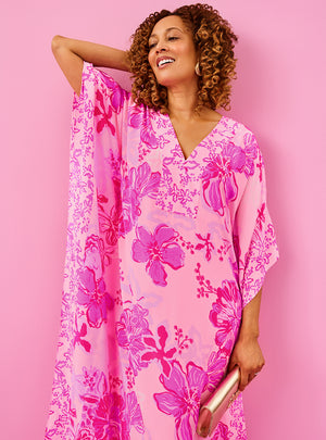 Levy V-Neck Silk Maxi Caftan - Parigi Pink Supporting Squad Engineered Woven