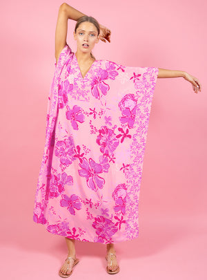 Levy V-Neck Silk Maxi Caftan - Parigi Pink Supporting Squad Engineered Woven