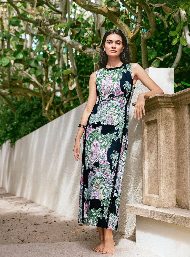 Darlene Stretch Maxi Shift Dress - Onyx Oversized PB Anniversary Toile