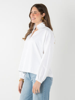 Long Sleeve Poppy Top - White Cotton Poplin