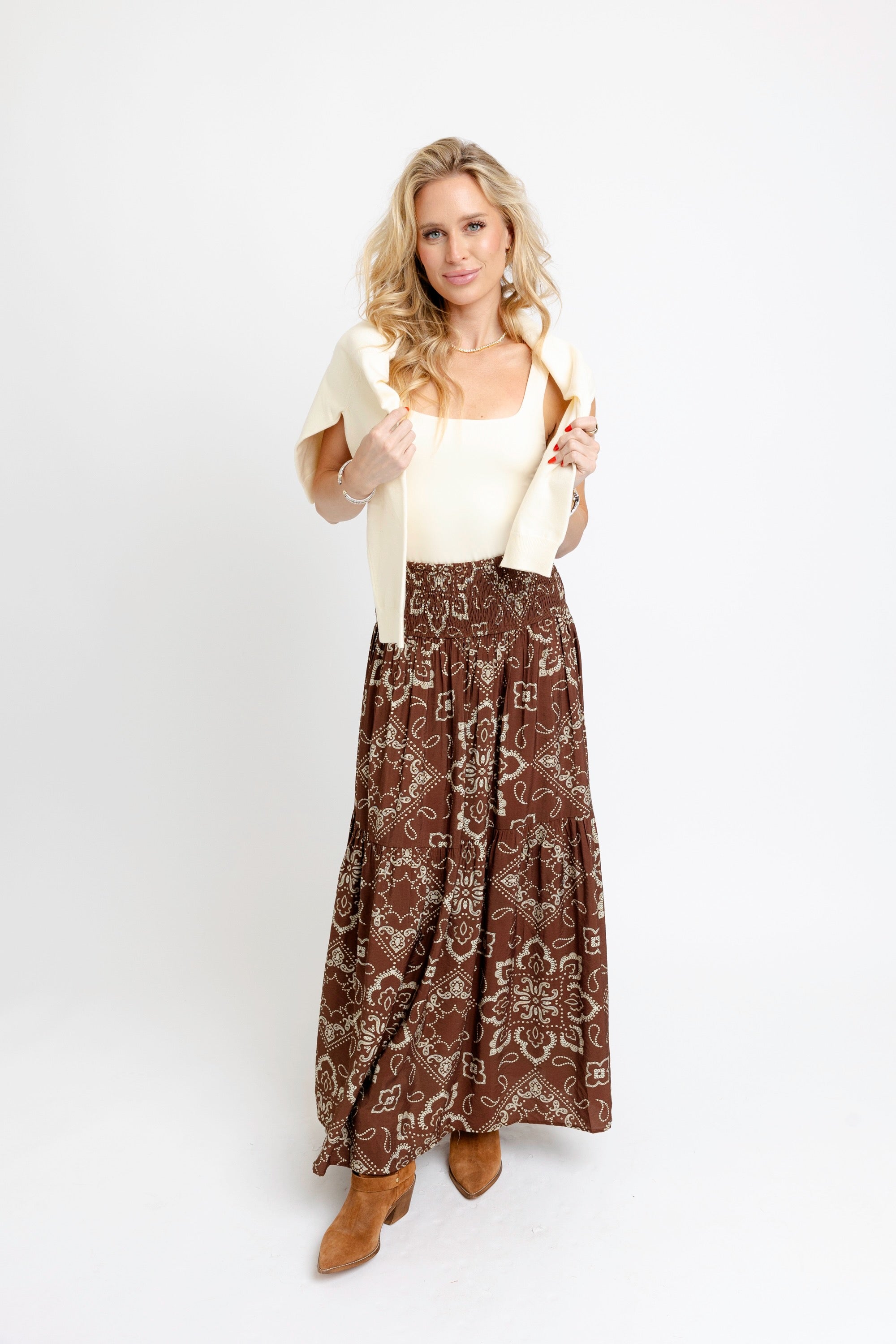 Bandana Smock Tier Maxi Skirt - Brown – Pink of the Pines