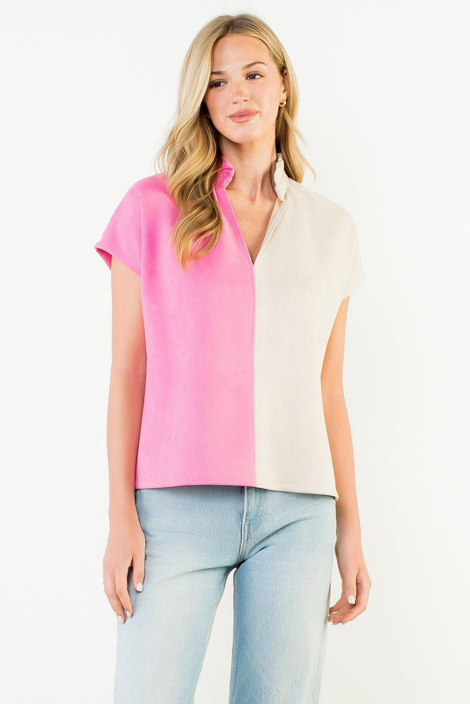 Colorblock Suede Top - Tan/Pink