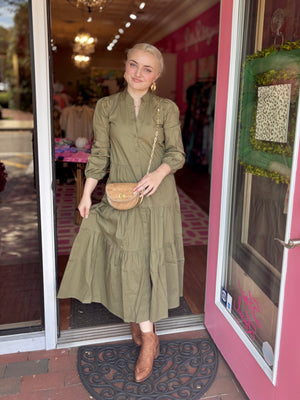Button Front Shirt Dress - Corduroy Olive