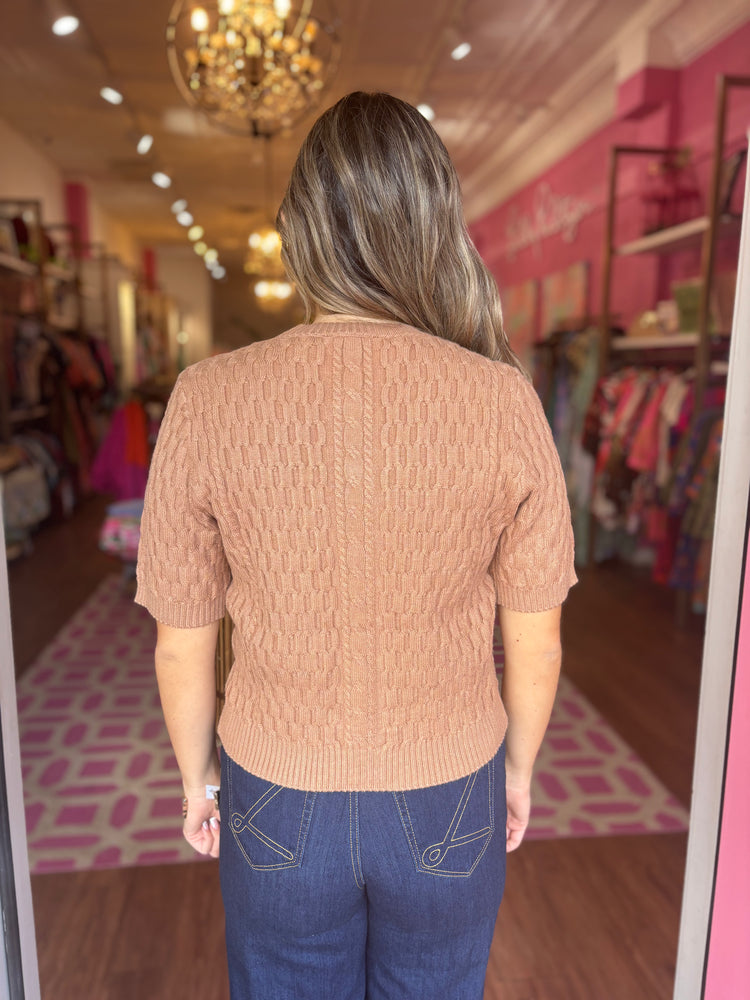 Short Sleeve Button Knit Top - Beige