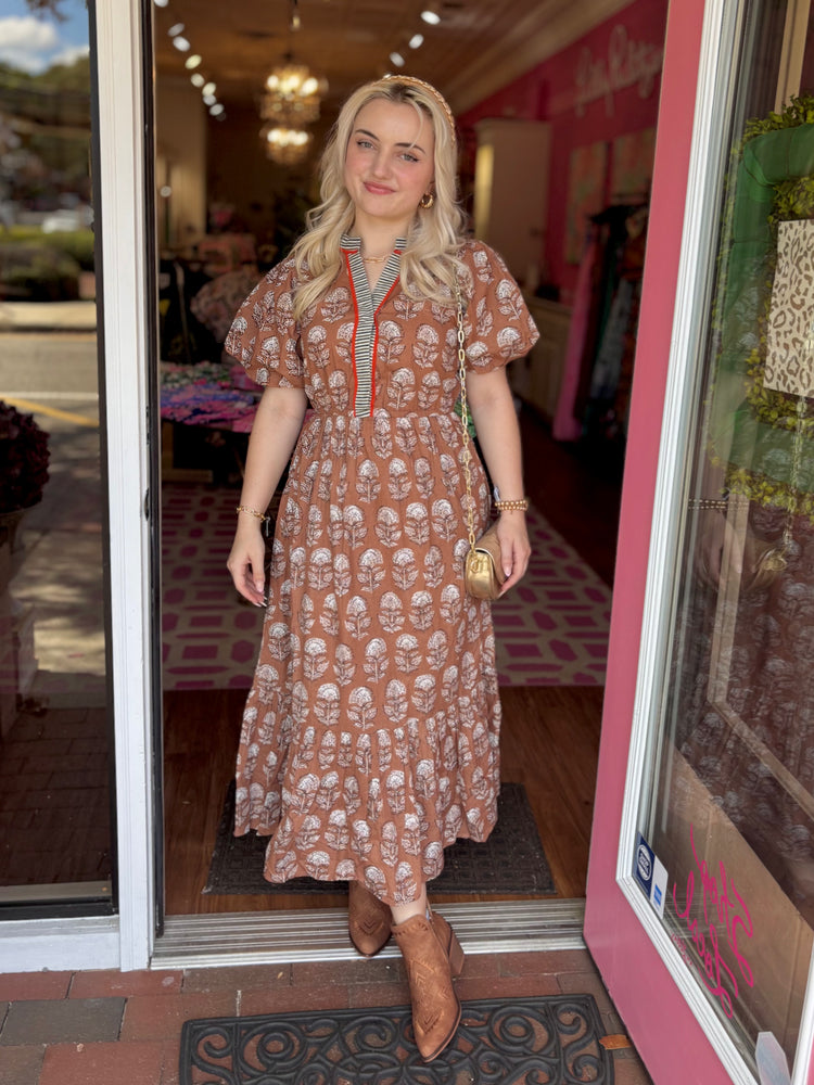 Puff Sleeve Floral Detailed Midi Dress - Beige