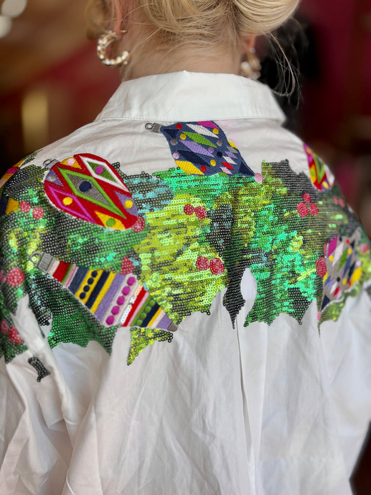 White Multi Metallic Wreath Cotton Button Up Top