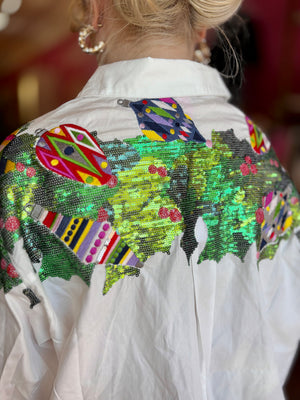 White Multi Metallic Wreath Cotton Button Up Top