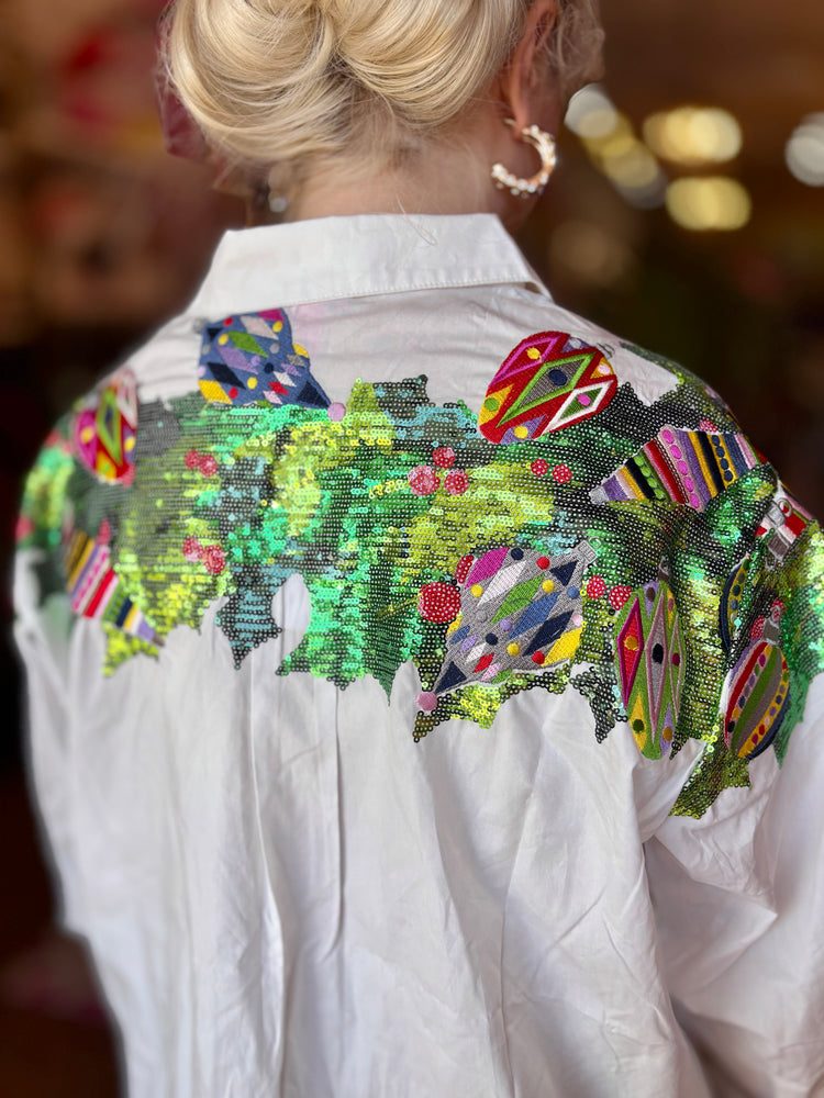 White Multi Metallic Wreath Cotton Button Up Top