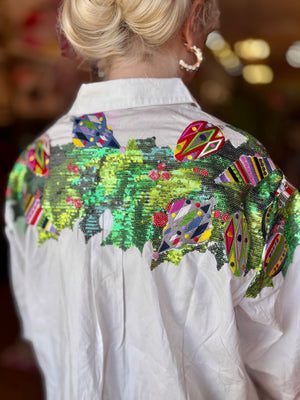 White Multi Metallic Wreath Cotton Button Up Top