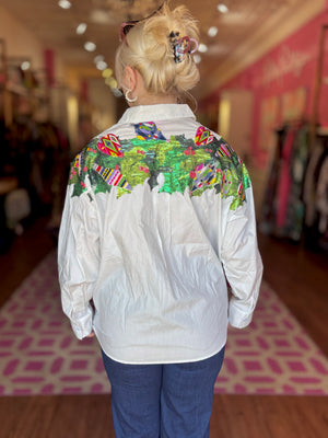White Multi Metallic Wreath Cotton Button Up Top