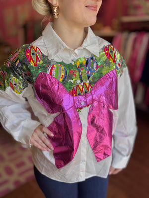 White Multi Metallic Wreath Cotton Button Up Top