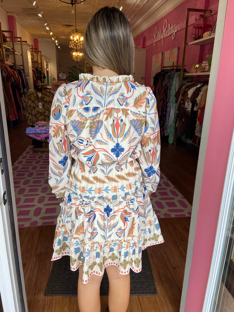 Long Sleeve Smocked Waist Dress - Geo Floral Border