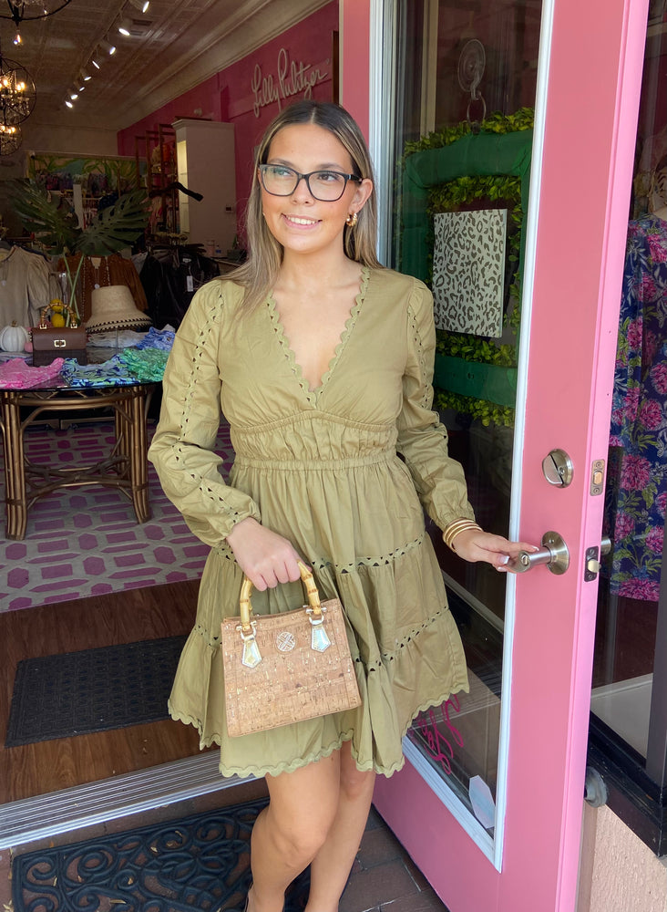 V-Neck Cinched Waist Dress w/ Ric Rac - Moss Green