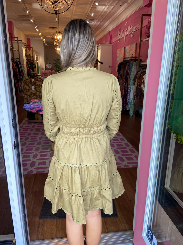 V-Neck Cinched Waist Dress w/ Ric Rac - Moss Green