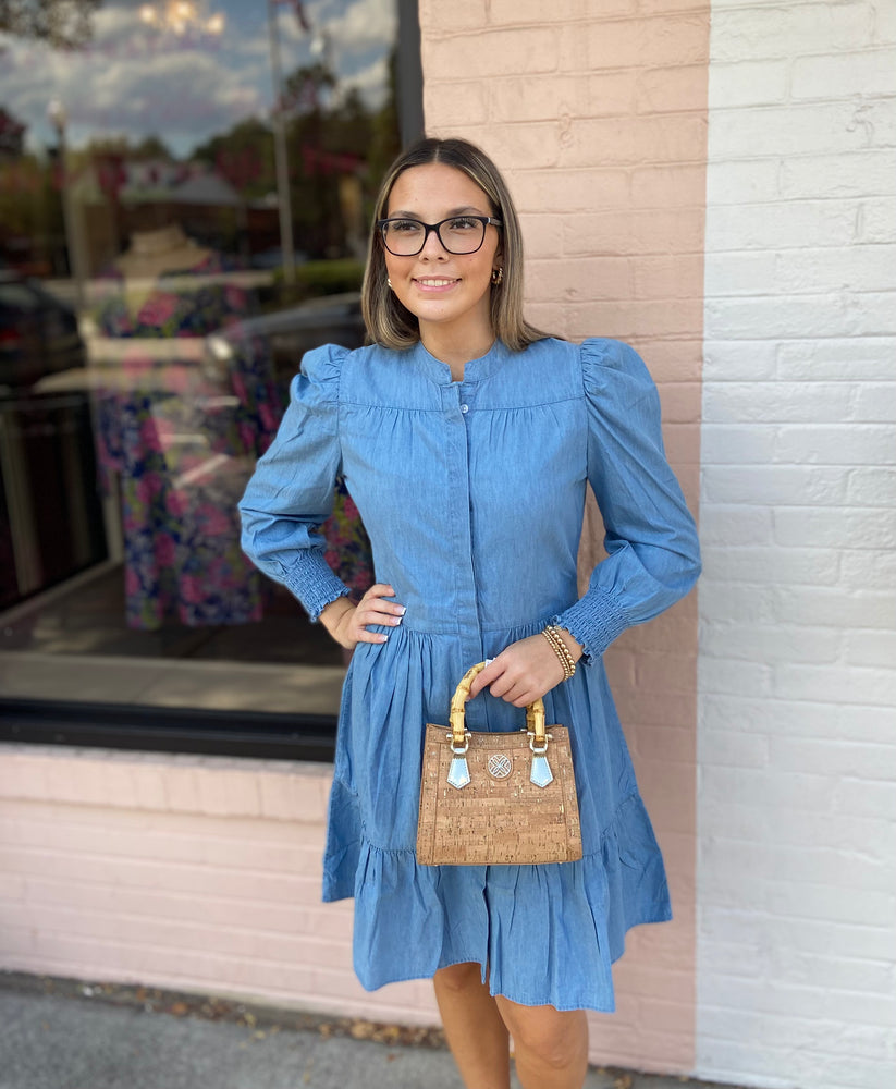 Long Sleeve Cinched Waist Dress - Chambray