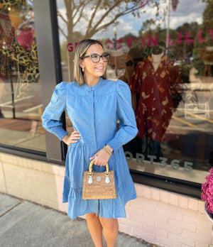 Long Sleeve Cinched Waist Dress - Chambray
