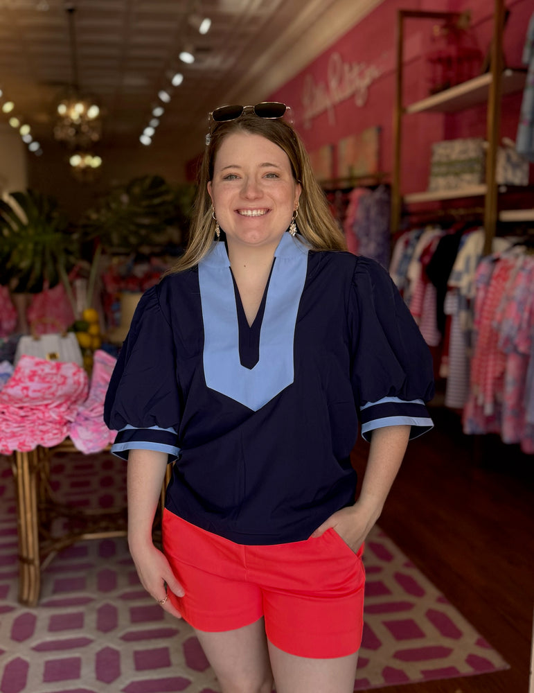 Two Color Puff Sleeve Top - Navy