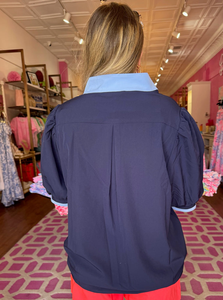 Two Color Puff Sleeve Top - Navy