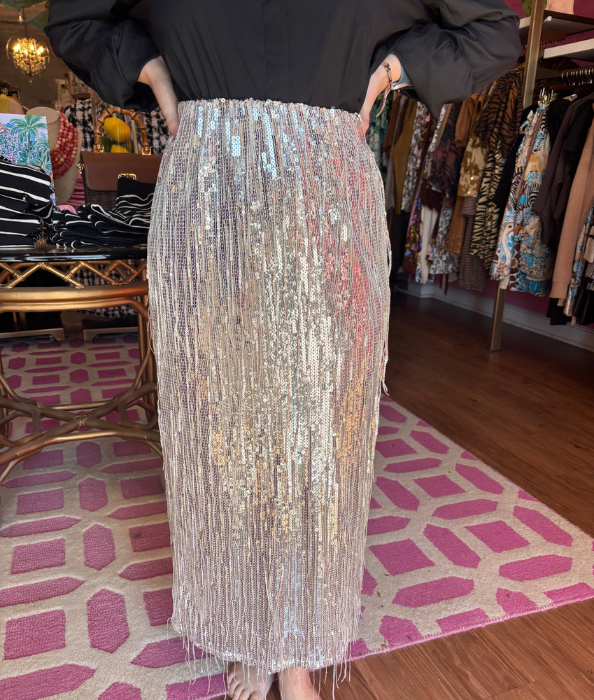 Sequin Fringe Long Skirt - Silver