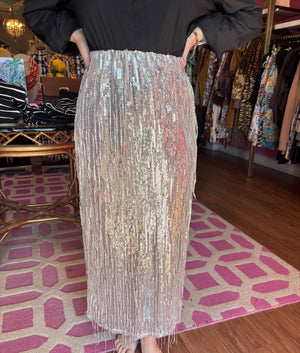 Sequin Fringe Long Skirt - Silver