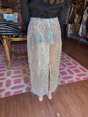 Sequin Fringe Long Skirt - Silver