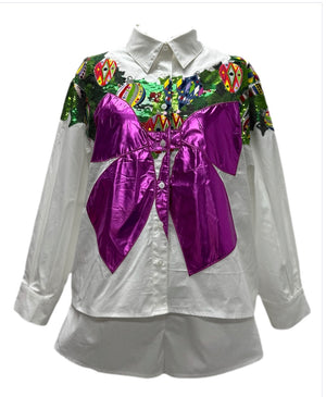 White Multi Metallic Wreath Cotton Button Up Top