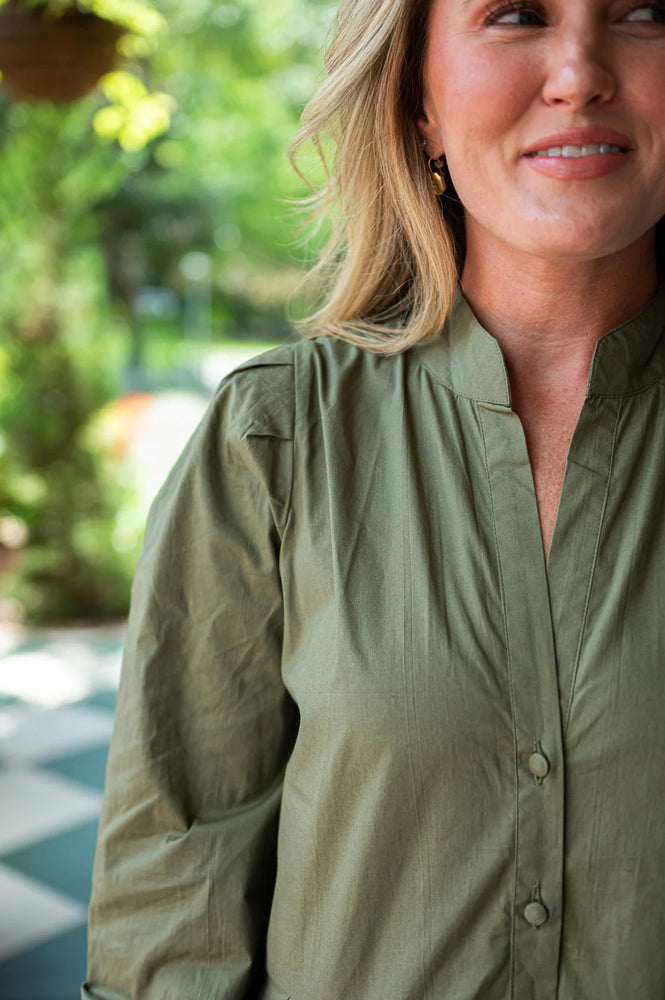 Button Front Shirt Dress - Corduroy Olive