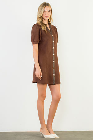 Puff Sleeve V-Neck Button Up Suede Dress - Brown