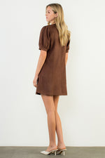 Puff Sleeve V-Neck Button Up Suede Dress - Brown