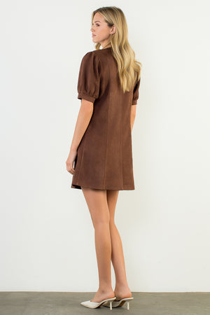 Puff Sleeve V-Neck Button Up Suede Dress - Brown