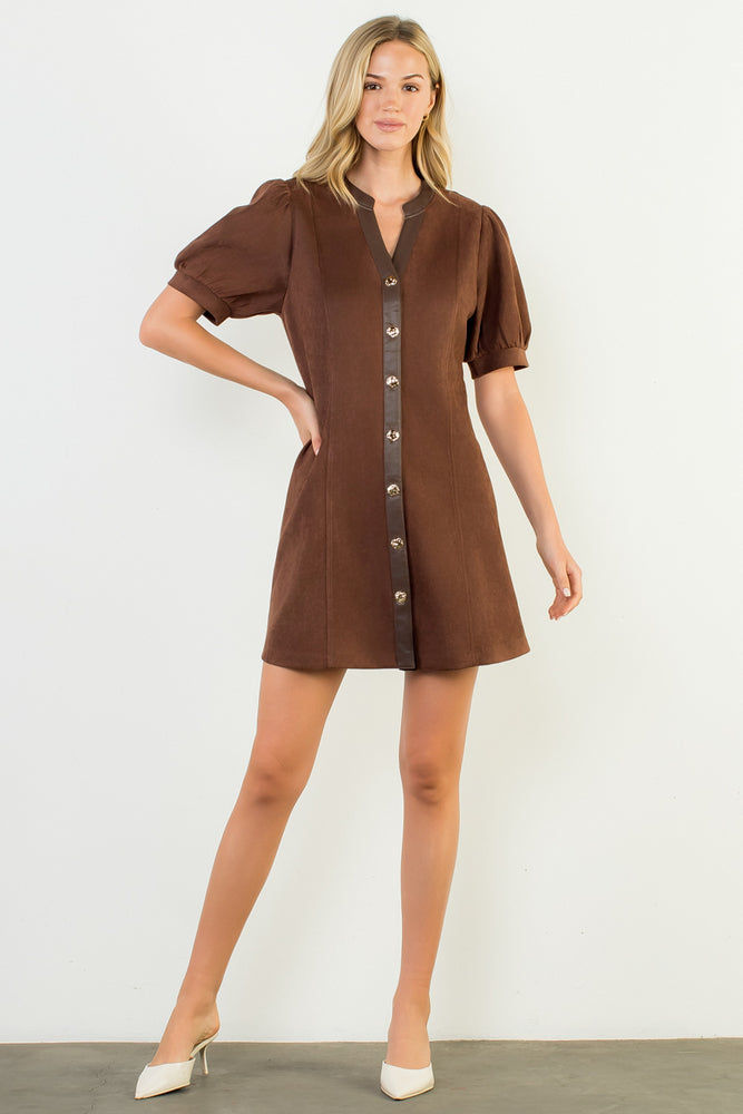Puff Sleeve V-Neck Button Up Suede Dress - Brown