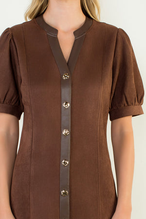 Puff Sleeve V-Neck Button Up Suede Dress - Brown