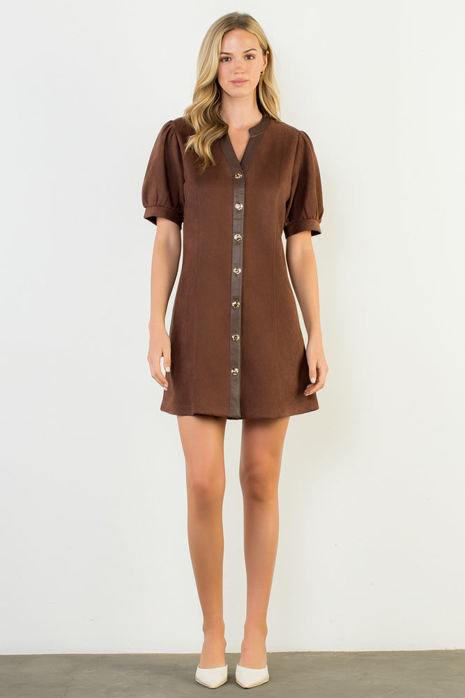 Puff Sleeve V-Neck Button Up Suede Dress - Brown