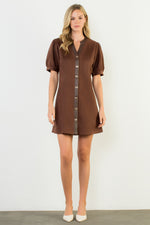 Puff Sleeve V-Neck Button Up Suede Dress - Brown