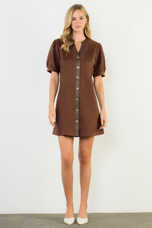 Puff Sleeve V-Neck Button Up Suede Dress - Brown
