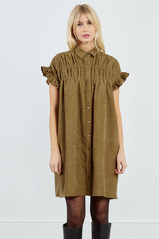 Corduroy Ruffle Sleeve Shirt Dress - Khaki Khaki