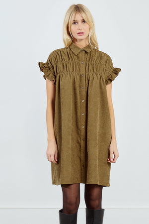 Corduroy Ruffle Sleeve Shirt Dress - Khaki Khaki