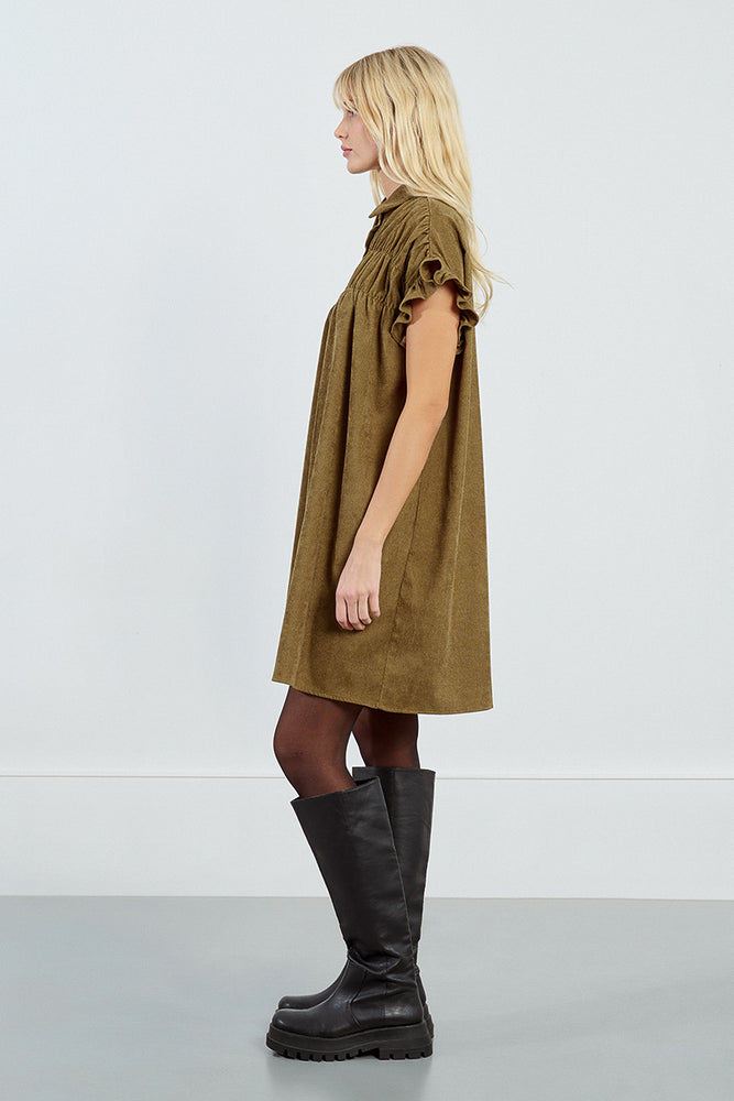 Corduroy Ruffle Sleeve Shirt Dress - Khaki Khaki