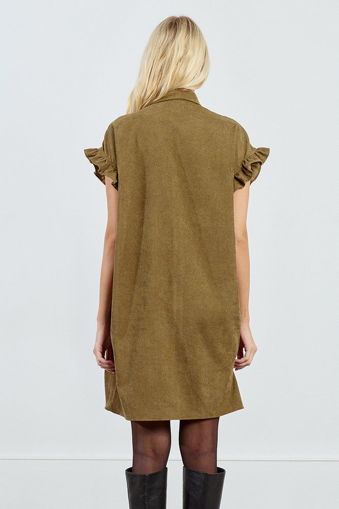Corduroy Ruffle Sleeve Shirt Dress - Khaki Khaki