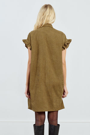 Corduroy Ruffle Sleeve Shirt Dress - Khaki Khaki