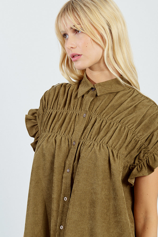 Corduroy Ruffle Sleeve Shirt Dress - Khaki Khaki