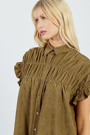 Corduroy Ruffle Sleeve Shirt Dress - Khaki Khaki