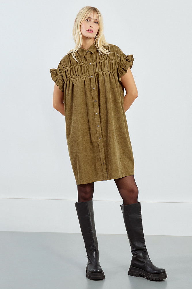 Corduroy Ruffle Sleeve Shirt Dress - Khaki Khaki