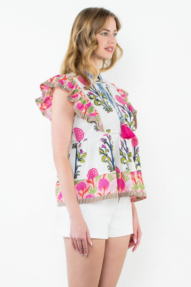 Flutter Sleeve Print Tassel Tie Top - Multi