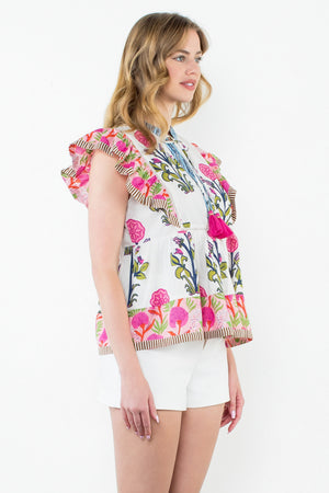 Flutter Sleeve Print Tassel Tie Top - Multi