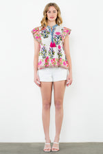 Flutter Sleeve Print Tassel Tie Top - Multi