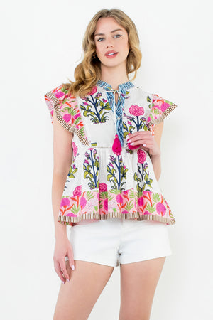 Flutter Sleeve Print Tassel Tie Top - Multi