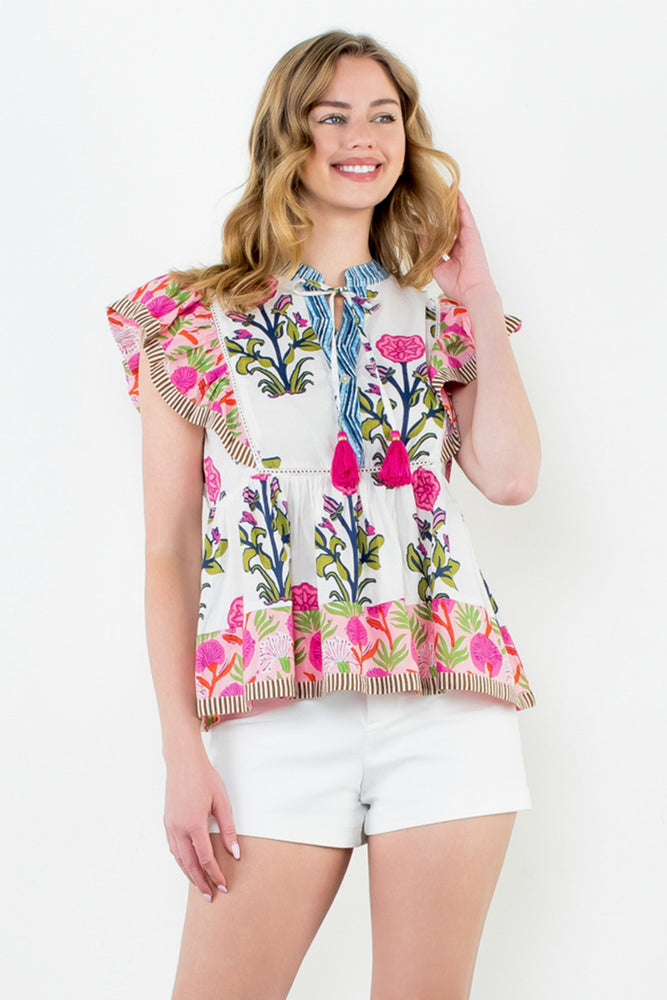 Flutter Sleeve Print Tassel Tie Top - Multi
